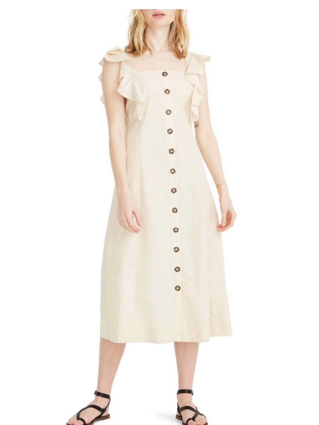 Madewell White/Ivory Dress Ruffle-Sleeve Button-Front Princess Seam Midi Size 0